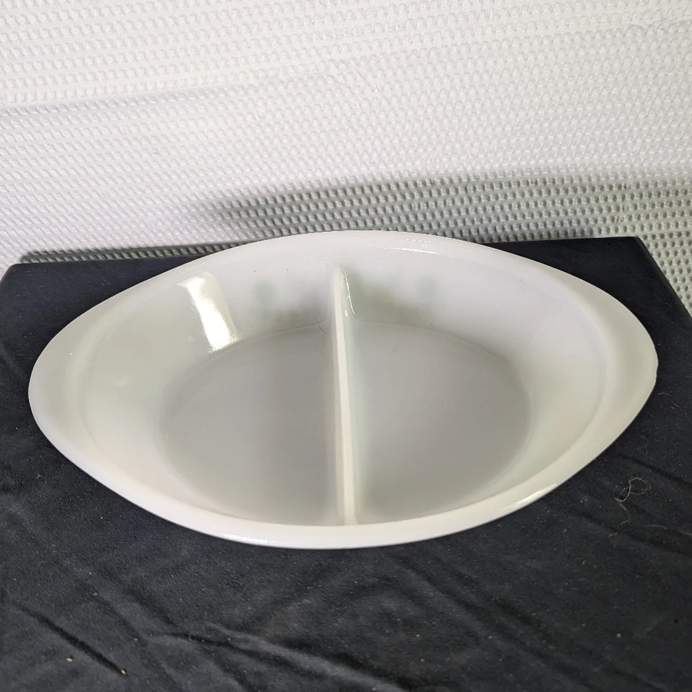 1970’s Glasbake USA Serving Dish. Oval Divided Milk Glass Dish with Oliv…